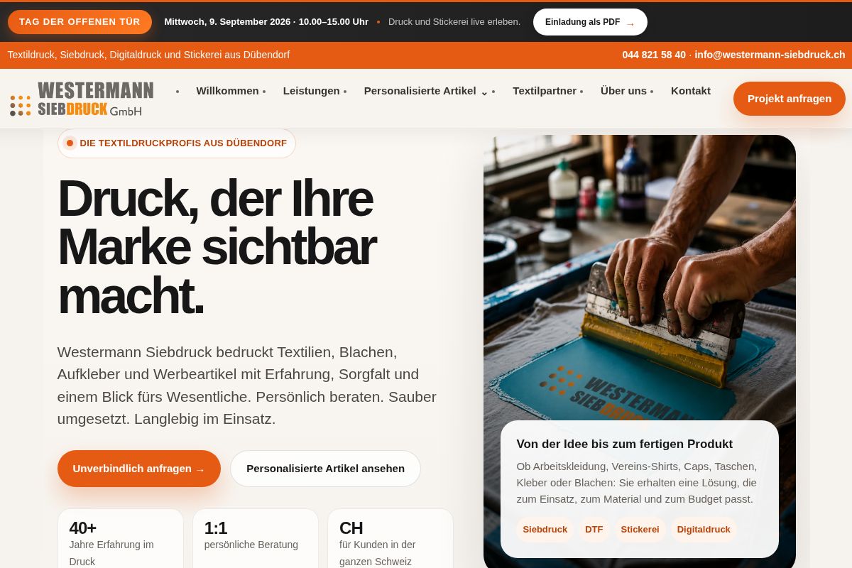 Screenshot der Website von Westermann Siebdruck